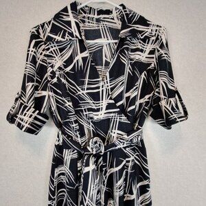 Women's Size M Long Linen Black & White Half Sleeve Dress with Sash Tie Pullover